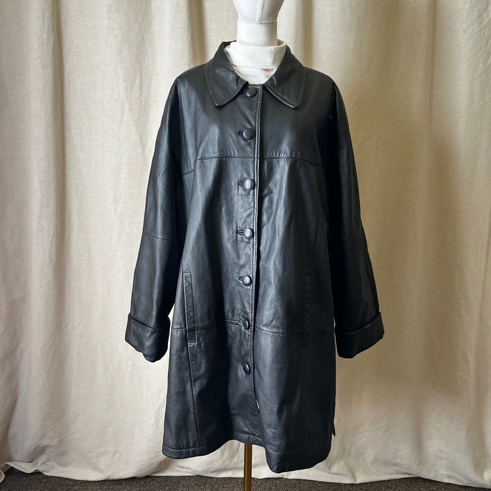Vintage‎ Silhouettes Black Leather Coat 1X Quilted Lining Button Front